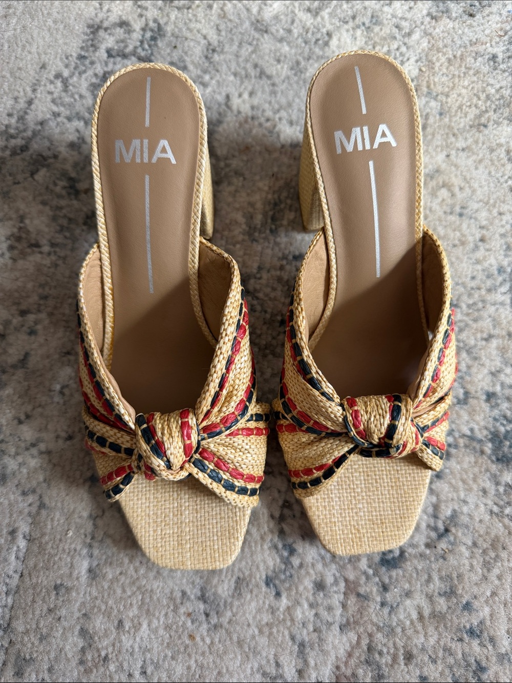 MIA Tan Raffia Knot Mules with Red & Navy Trim
